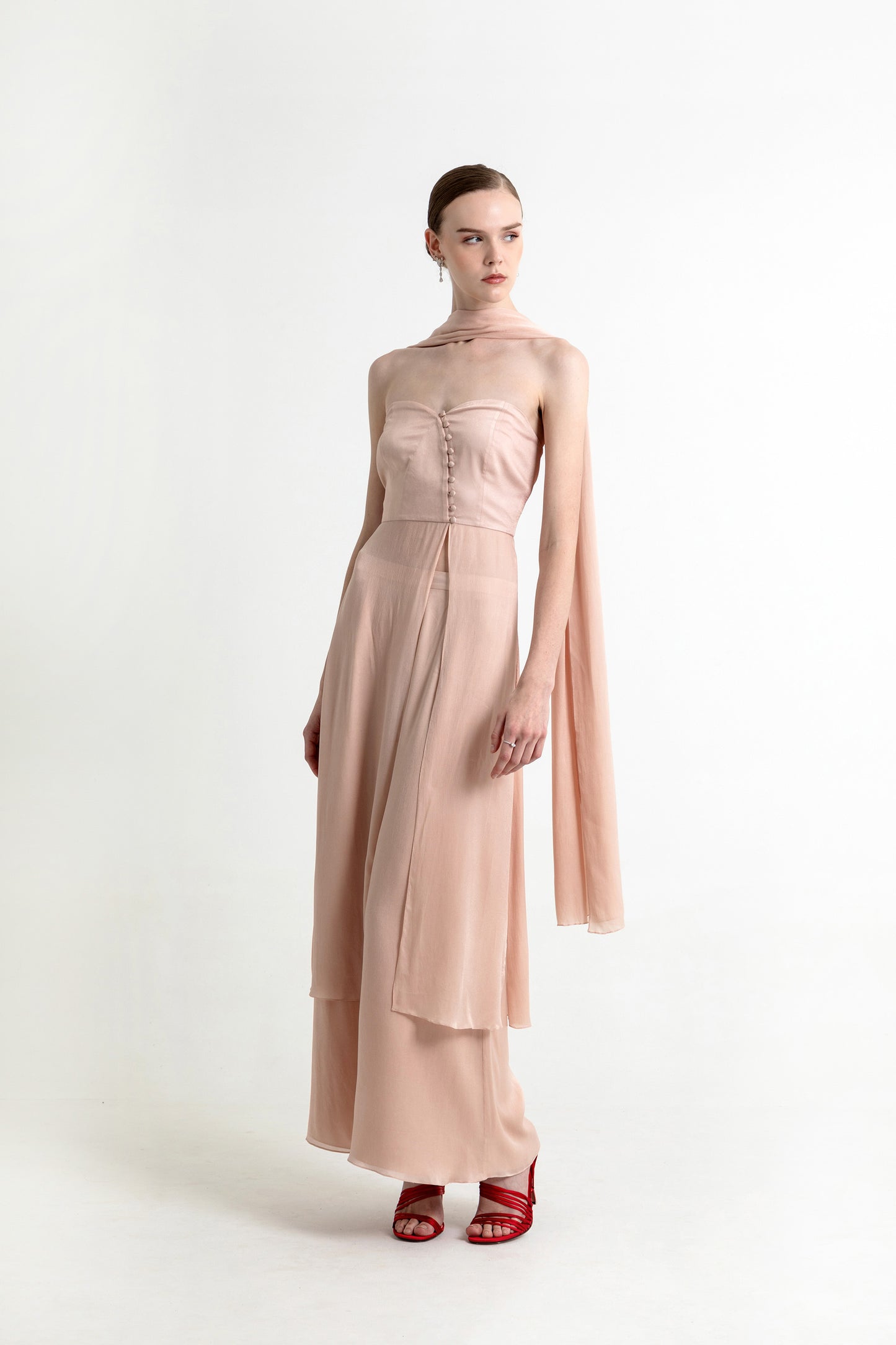 Adaline Light Pink Satin Party Wear Co ord set with Scarf