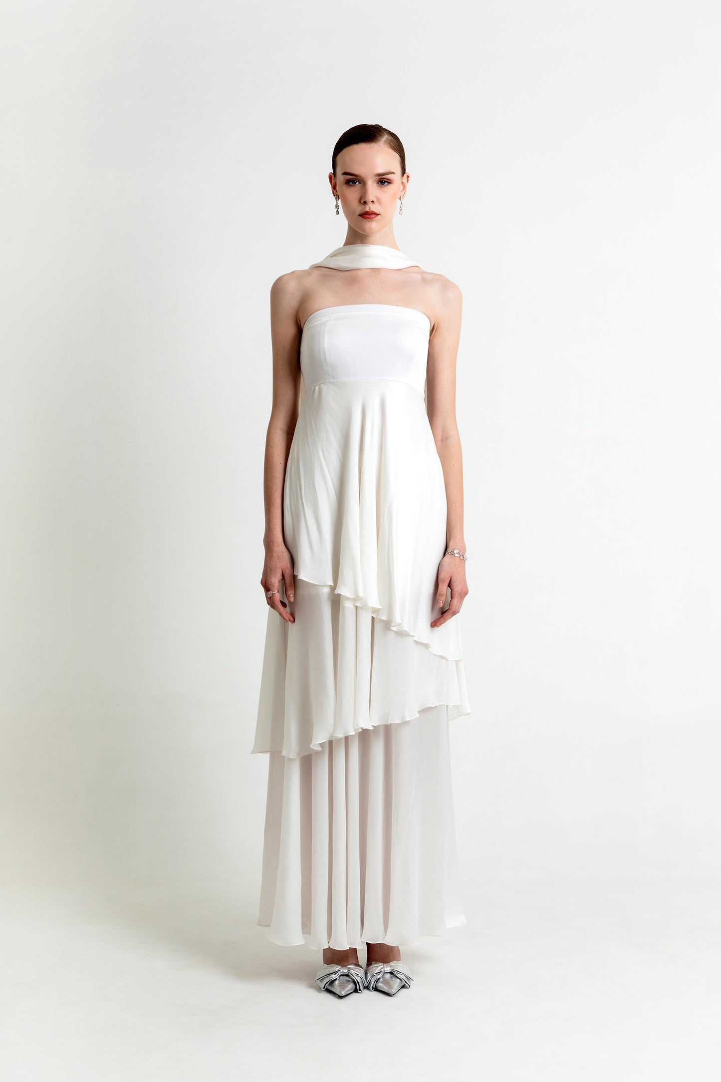 Aurora White Satin Party Wear Co-ord Set with Scarf