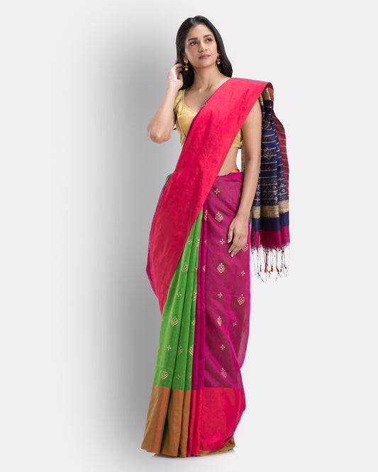 Handwoven Printed Festive Cotton Blend Green and Pink Saree
