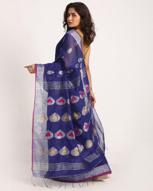 Royal Blue Cotton Blend Handloom Jamdani Saree
