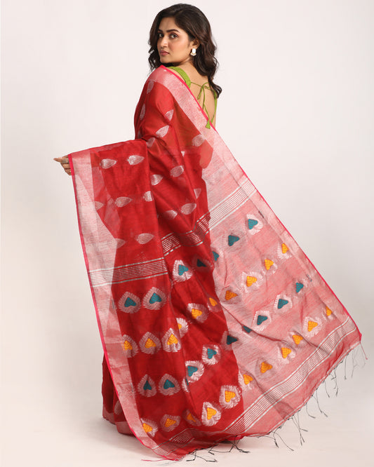 Red Cotton Blend Handloom Jamdani Saree