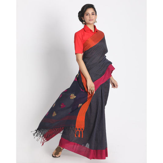 All Over Kantha Work Navy Blue Handloom Saree