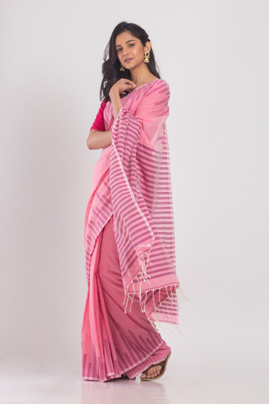 Pink Temple Border Cotton Saree