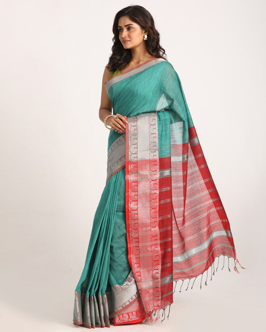 Deep Teal Handloom Cotton Tangail Saree