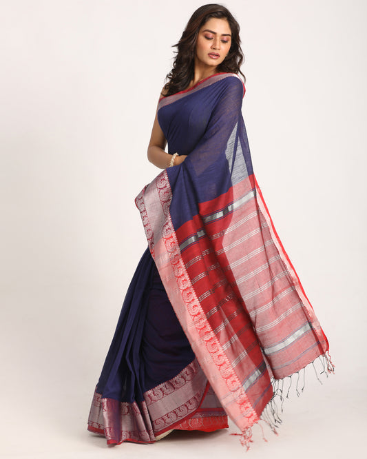 Navy Blue Handloom Cotton Tangail Saree