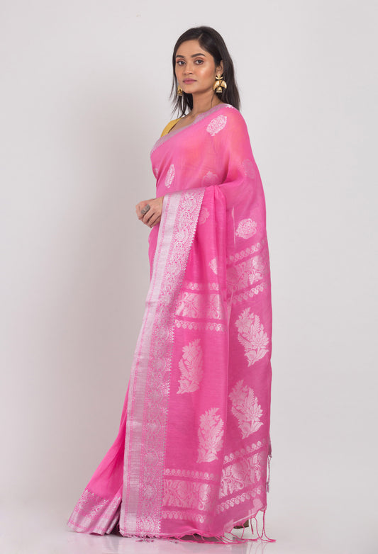 Pink Cotton Linen Jamdani Saree