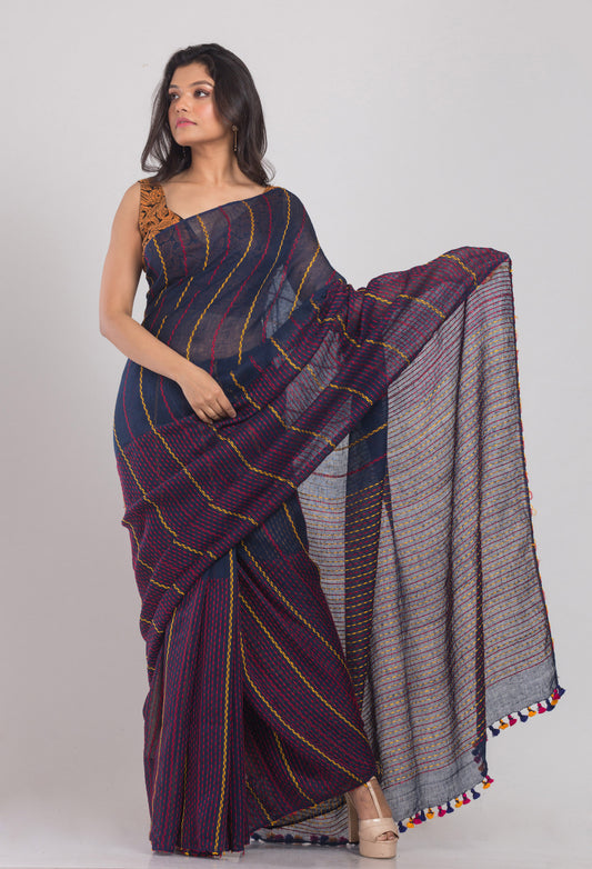 Blue Handwoven Linen Saree