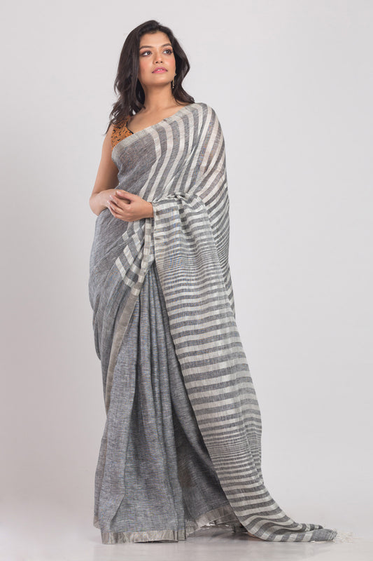 Grey Handwoven Linen Saree