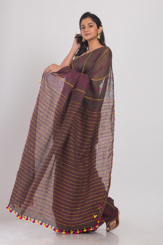 Dark Brown Handwoven Linen Saree