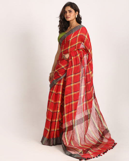 Red Handloom Check Linen Saree
