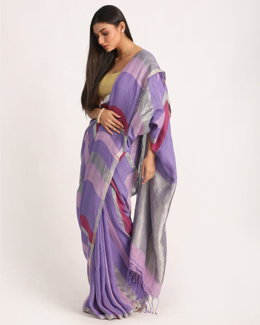 Lavender Traditional Handloom Check Linen Saree