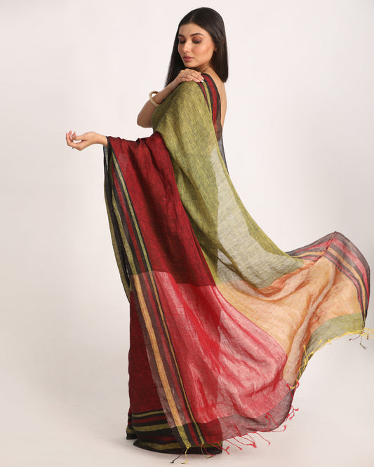 Maroon Lime Traditional Handloom Linen Saree