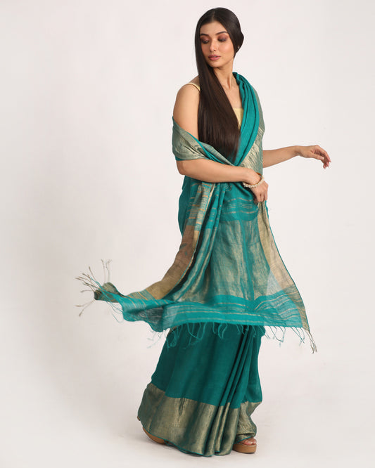 Turquoise Traditional Handloom Linen Saree