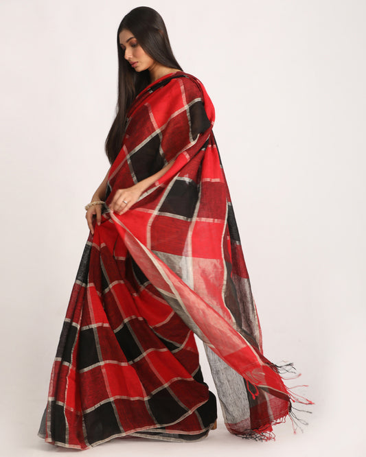 Red Black Traditional Check Linen Handloom Saree