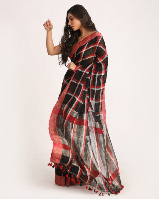 Black Red Traditional Check Linen Handloom Saree