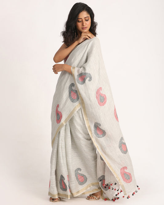 Silver GreyTraditional Handloom Linen Jamdani Saree