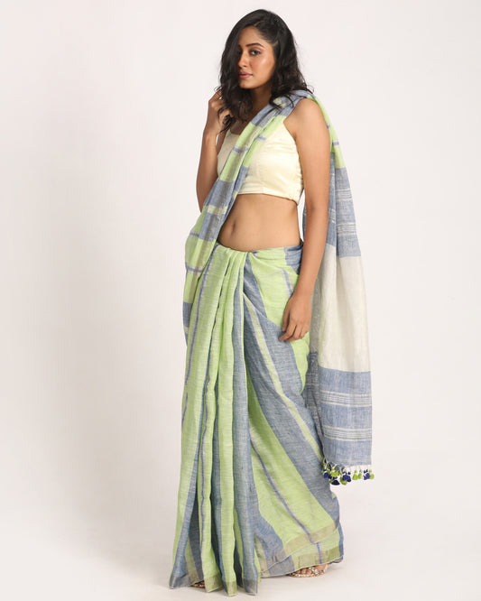 Green Blue Traditional Handloom Check Linen Saree