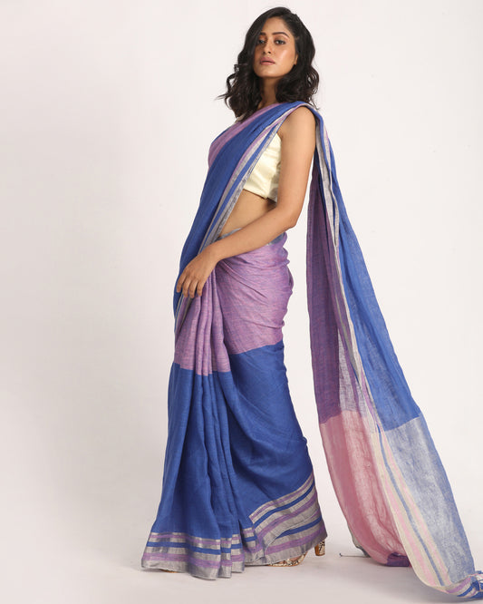 Royal Blue Light Pink Traditional Handloom Linen Saree