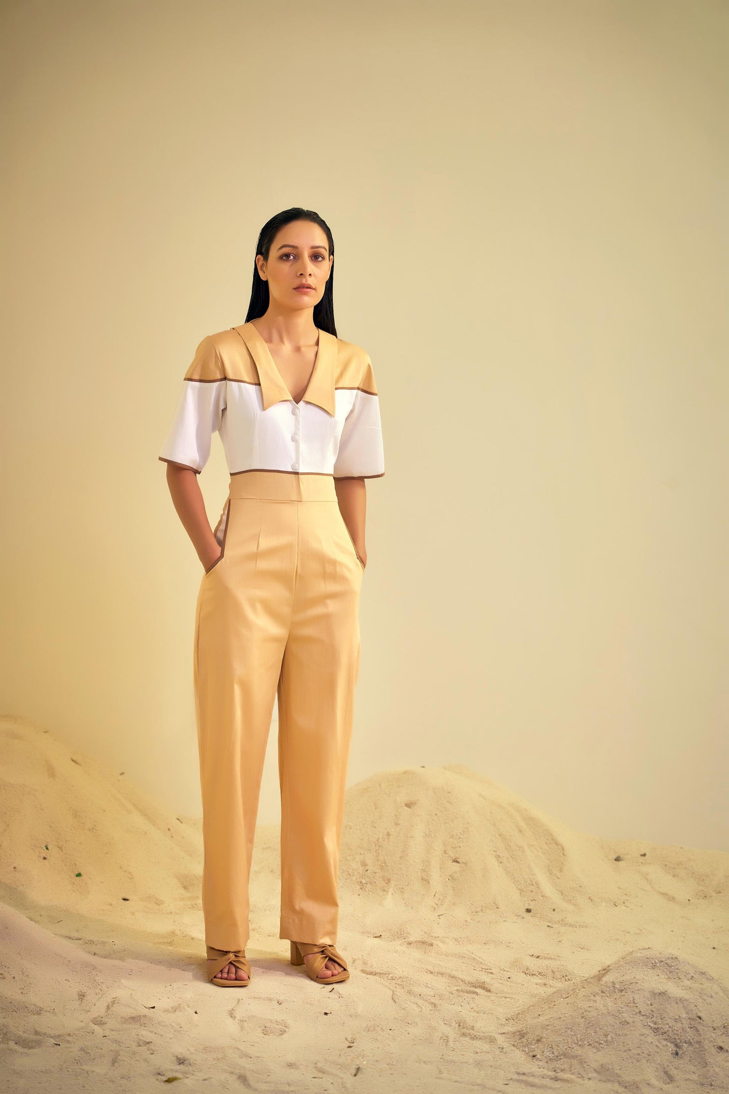 ADELINE Beige and White Jumpsuit