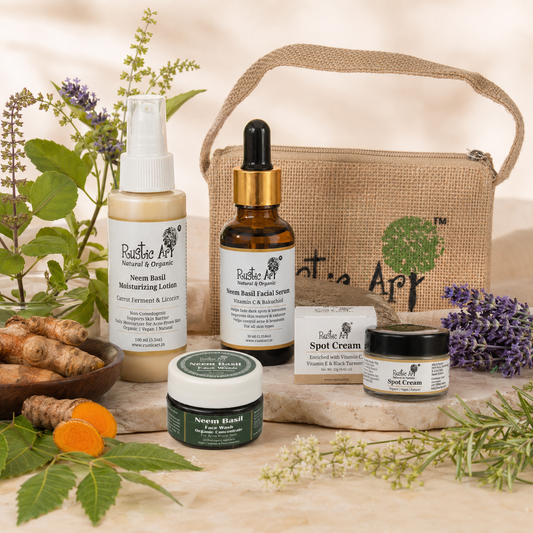 Anti Acne Kit(Small) | Jute Pouch | Neem Basil Face Wash | Neem Moisturizing Lotion | Neem Basil Serum | Spot cream