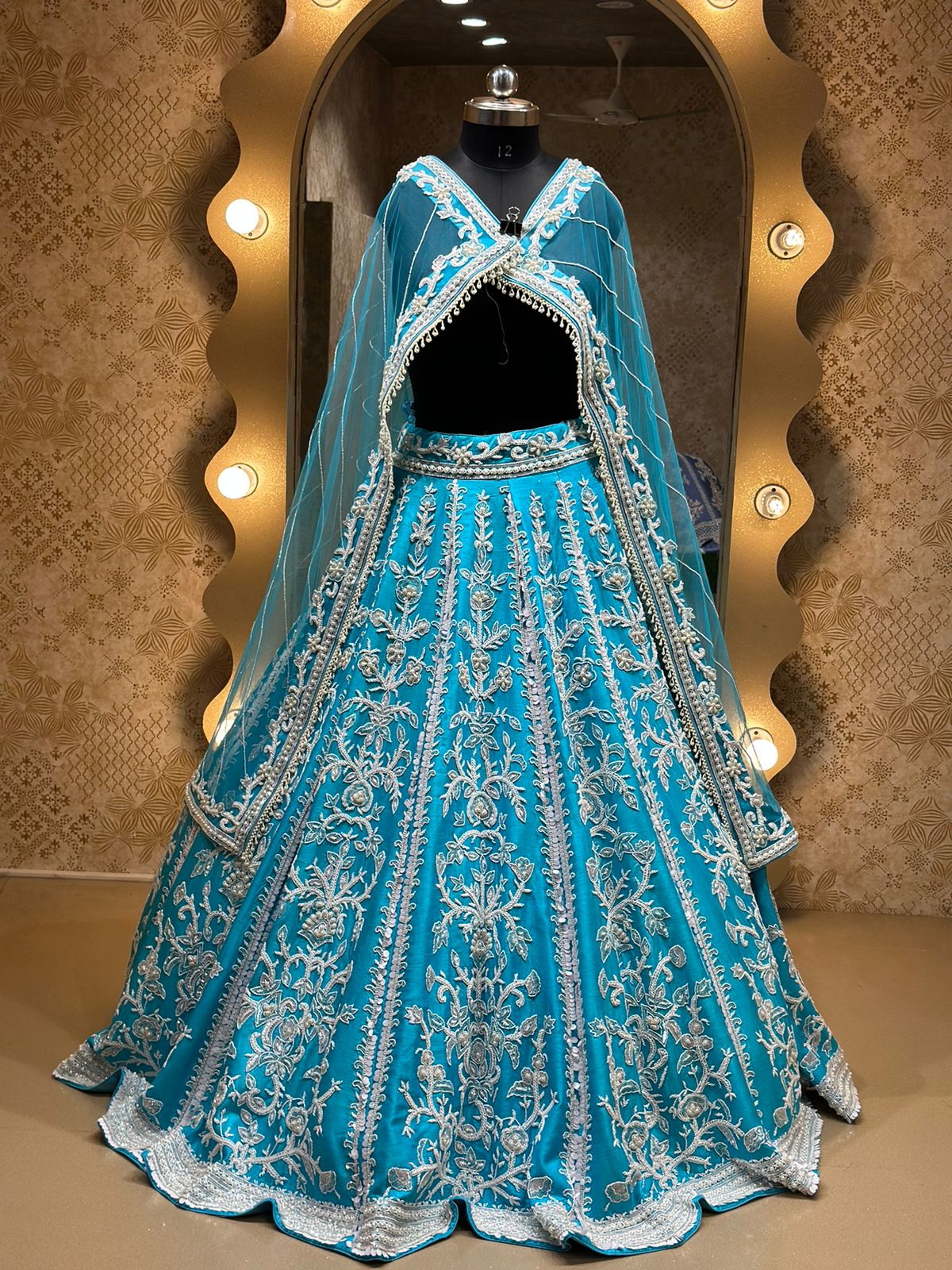 Aqua Raw Silk Silver thread Embroidered Bridal Lehenga