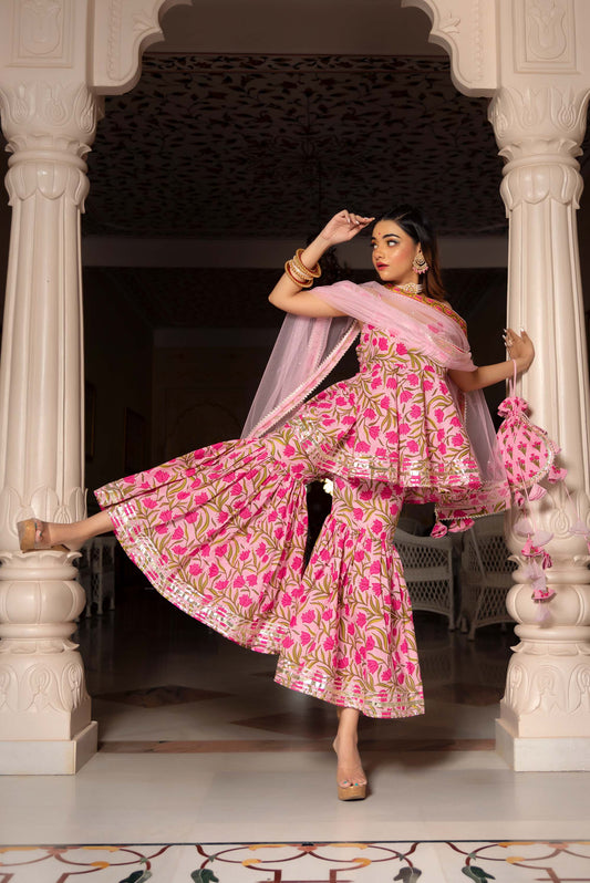 Jarokha Nazakat Pink Cotton Hand Block Sharara Set