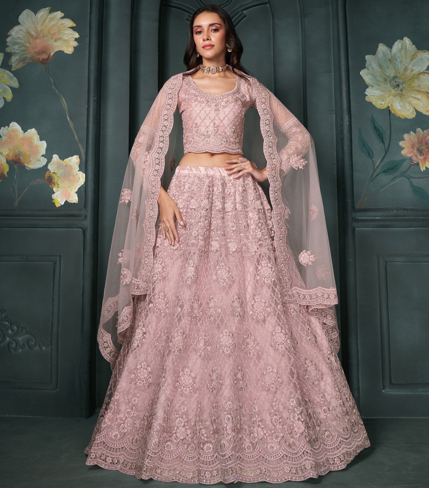 Pink Thread & Badla Embroidered Net Engagement Lehenga