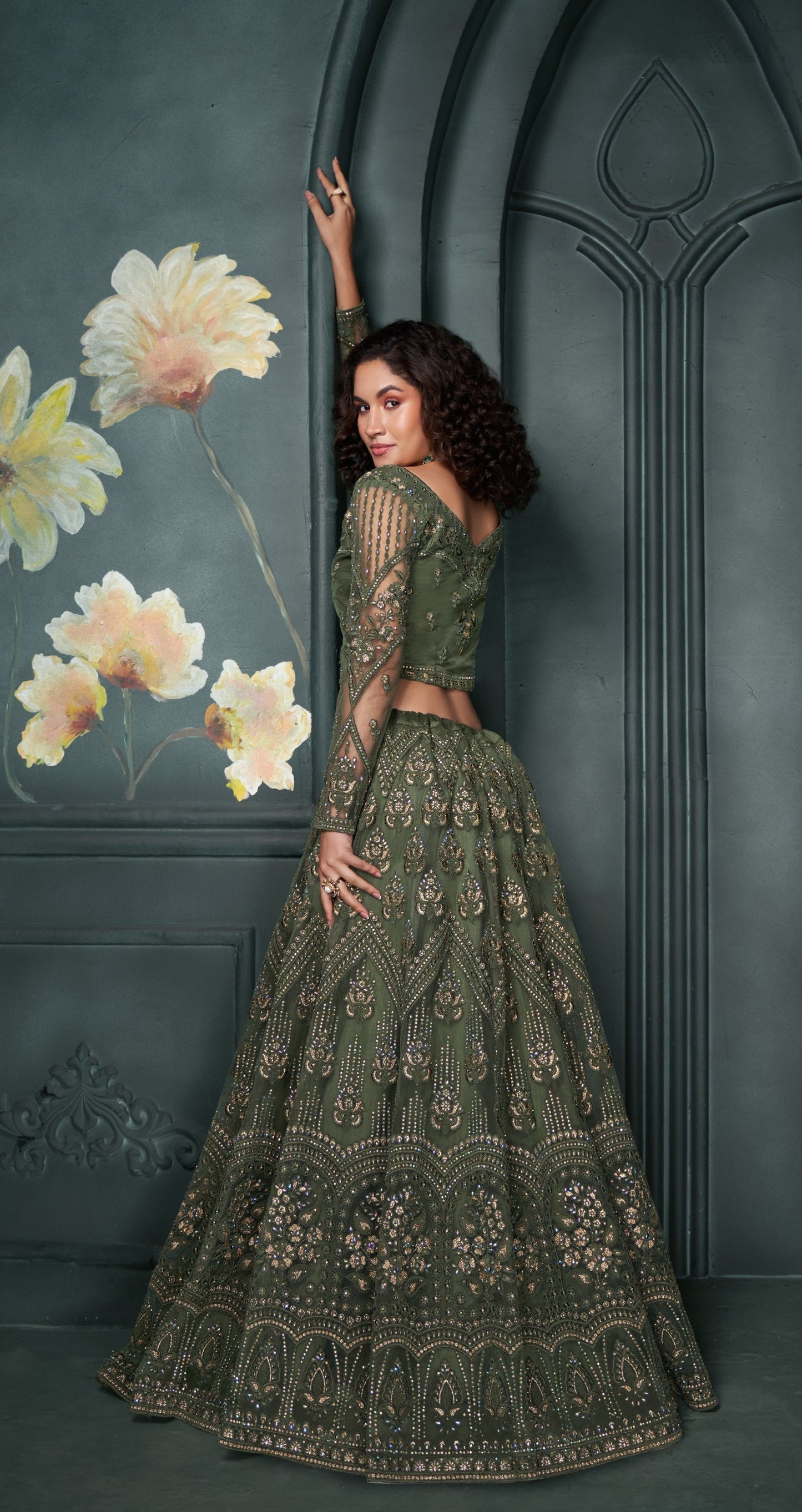 Green Thread & Badla Embroidered Net Mehendi Lehenga