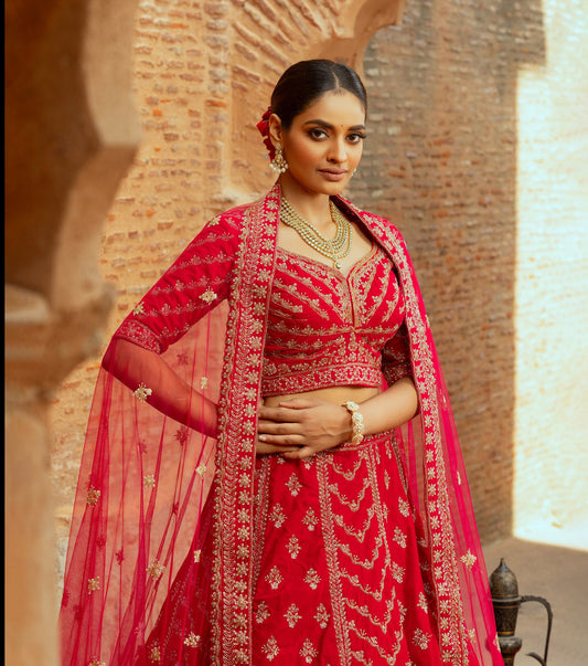Red Sequins, and Cutdana Work Silk Bridal Lehenga