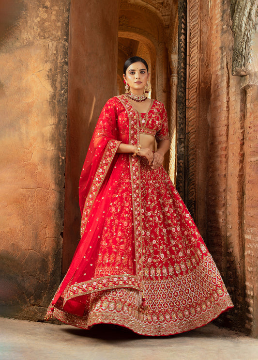 Red Cutdana, Hand-Embroidery Silk Bridal Lehenga for Wedding