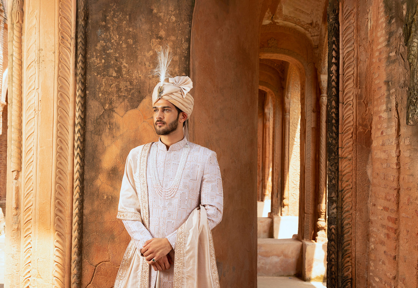 Beige Cutdana Work Georgette Groom's Sherwani