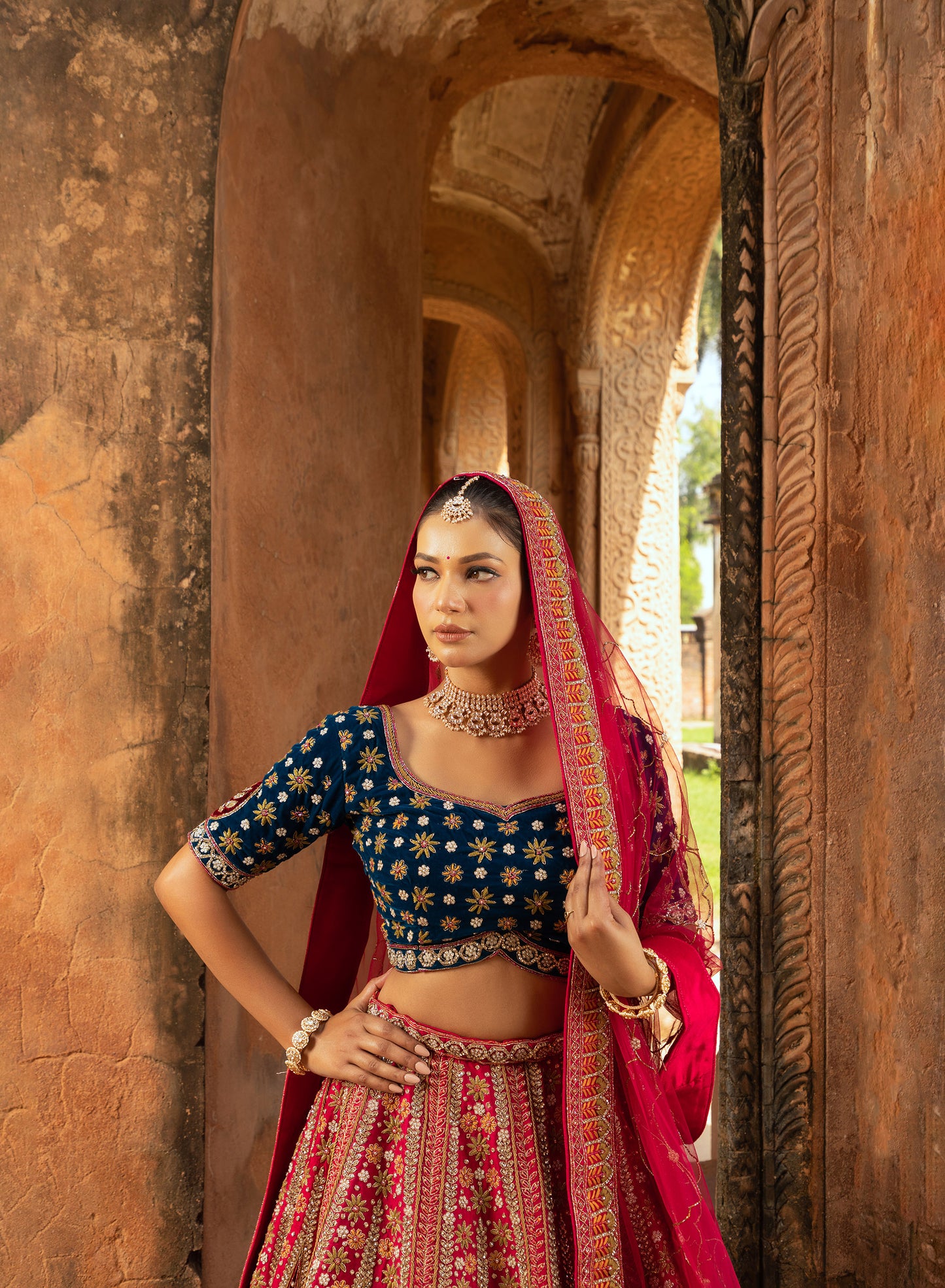 Red Multi-Color Thread Embroidery Silk Lehenga for Wedding