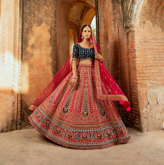 Red Multi-Color Thread Embroidery Silk Lehenga for Wedding
