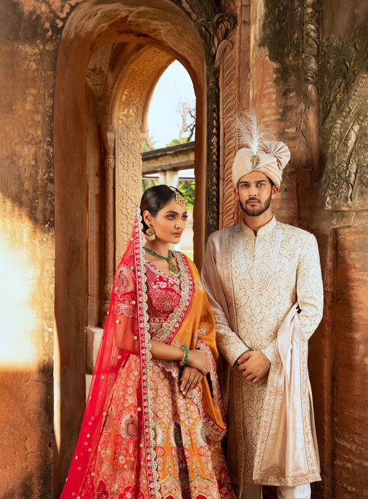 Yellow & Red Multi-Color Thread Work Silk Lehenga
