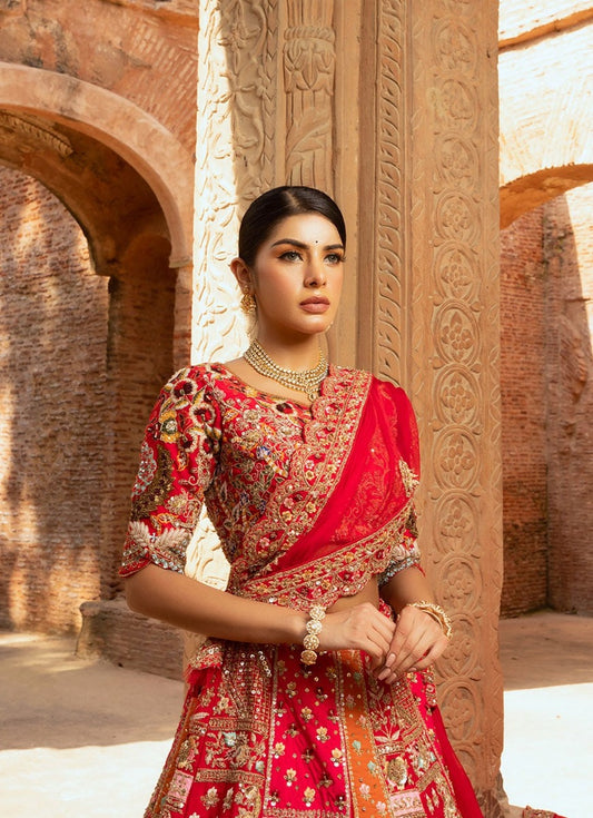 Red Hand Embroidery Silk Bridal Lehenga for Wedding