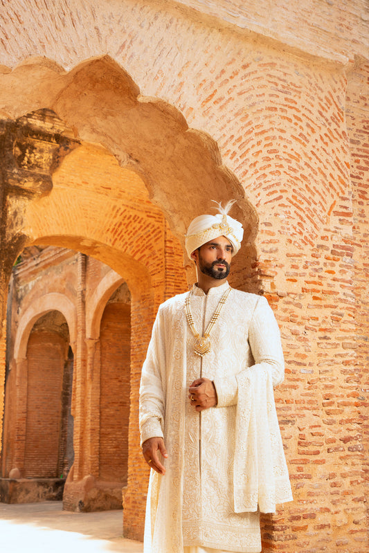 White Thread Work Georgette Sherwani for Wedding