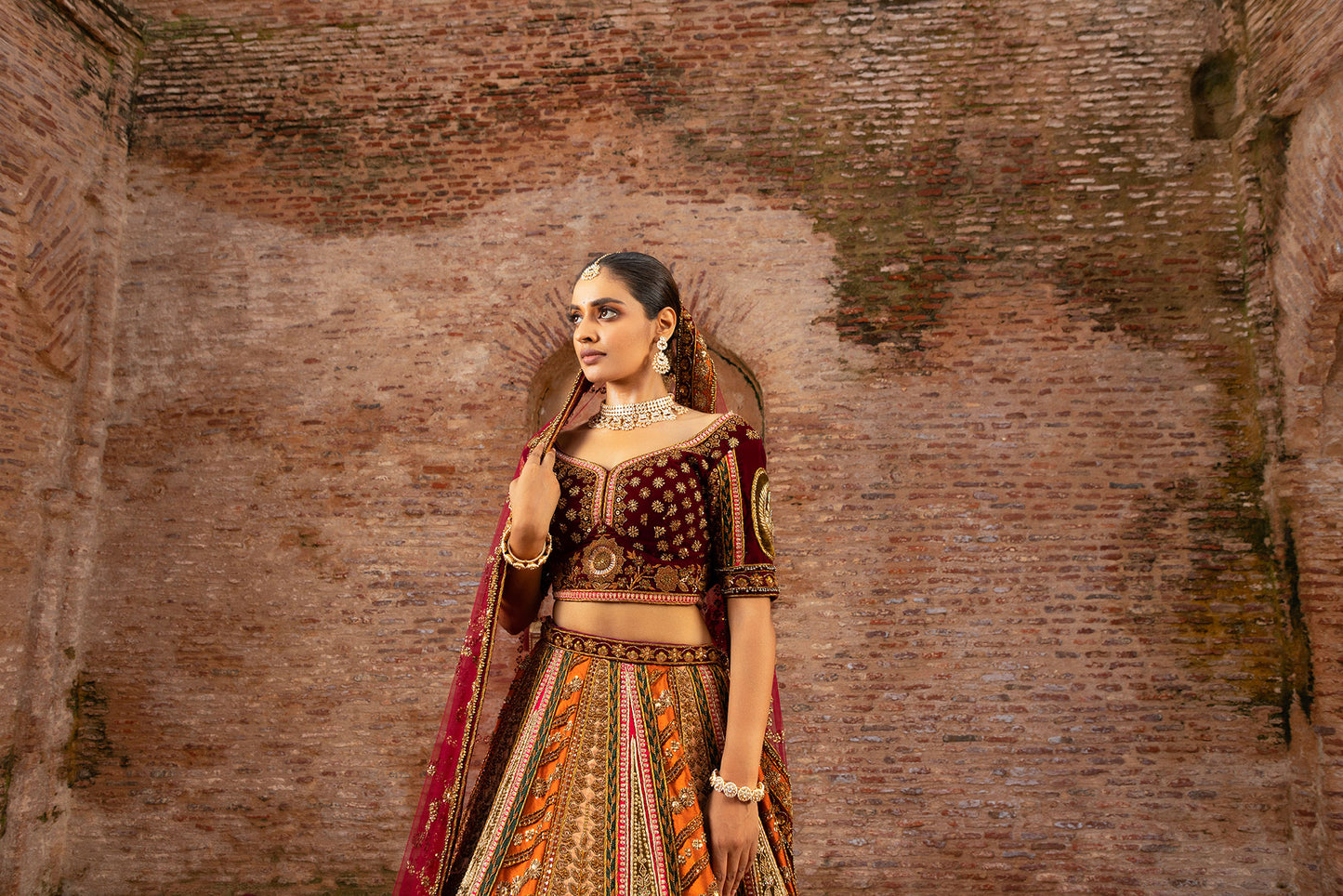 Orange & Brown Cutdana Work Silk Bridal Lehenga
