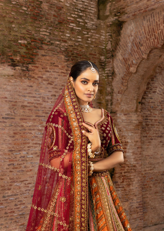 Orange & Brown Cutdana Work Silk Bridal Lehenga