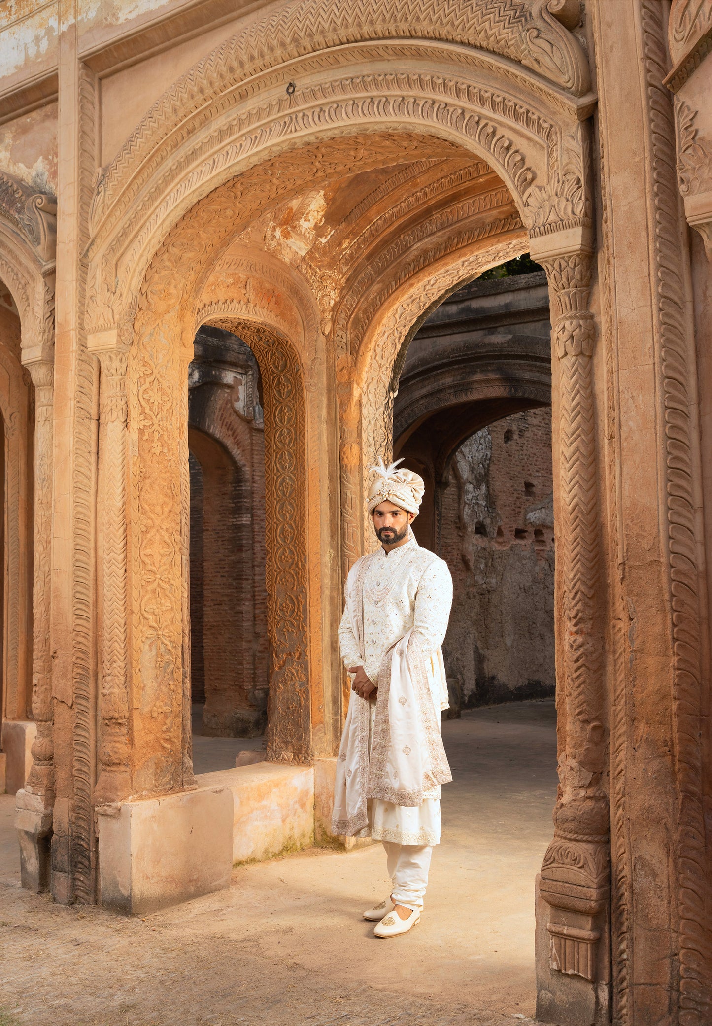 White Thread Work Georgette Groom Sherwani for Wedding