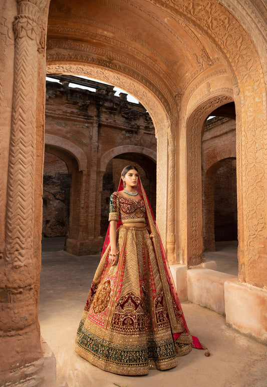 Red & Rust Orange Zardozi Silk Bridal Lehenga