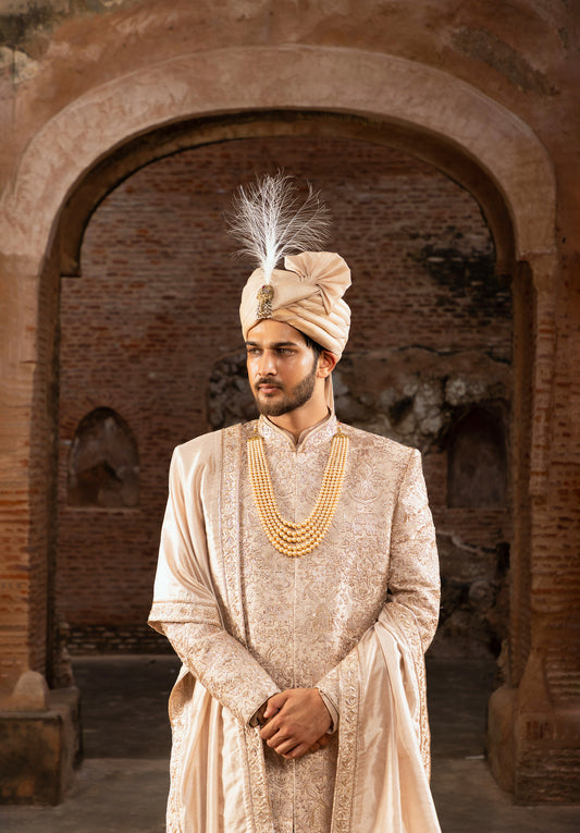 Gold Color Hand Embroidery Groom Sherwani