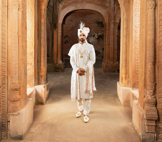 White Pearl & Hand Embroidery Georgette Groom Sherwani for Wedding