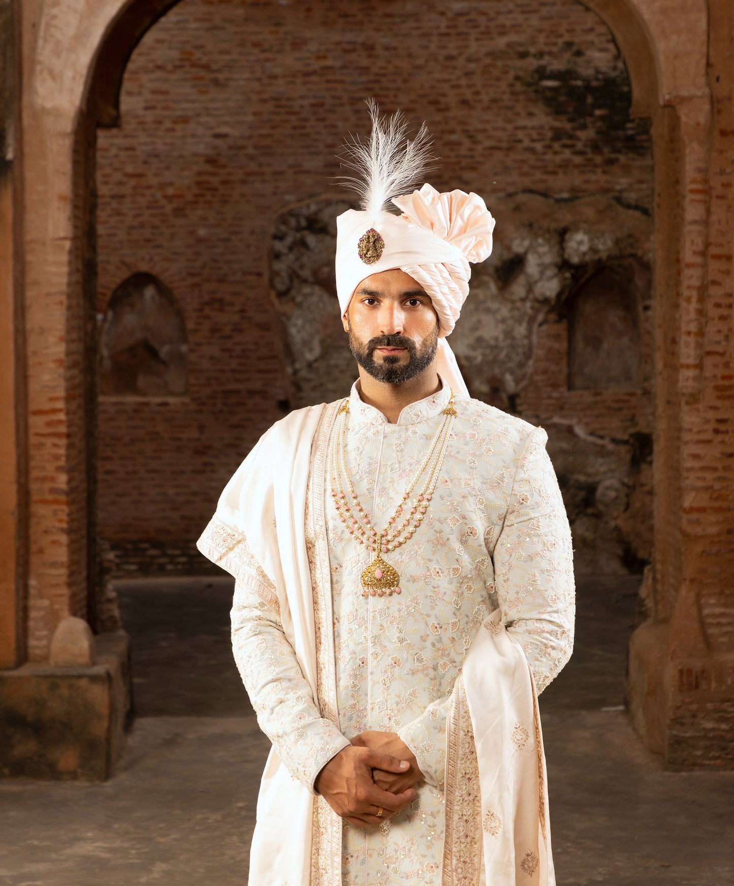 White Pearl & Hand Embroidery Georgette Groom Sherwani for Wedding