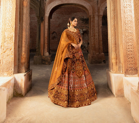 Rust Orange Sequins Embroidery Silk Bridal Lehenga