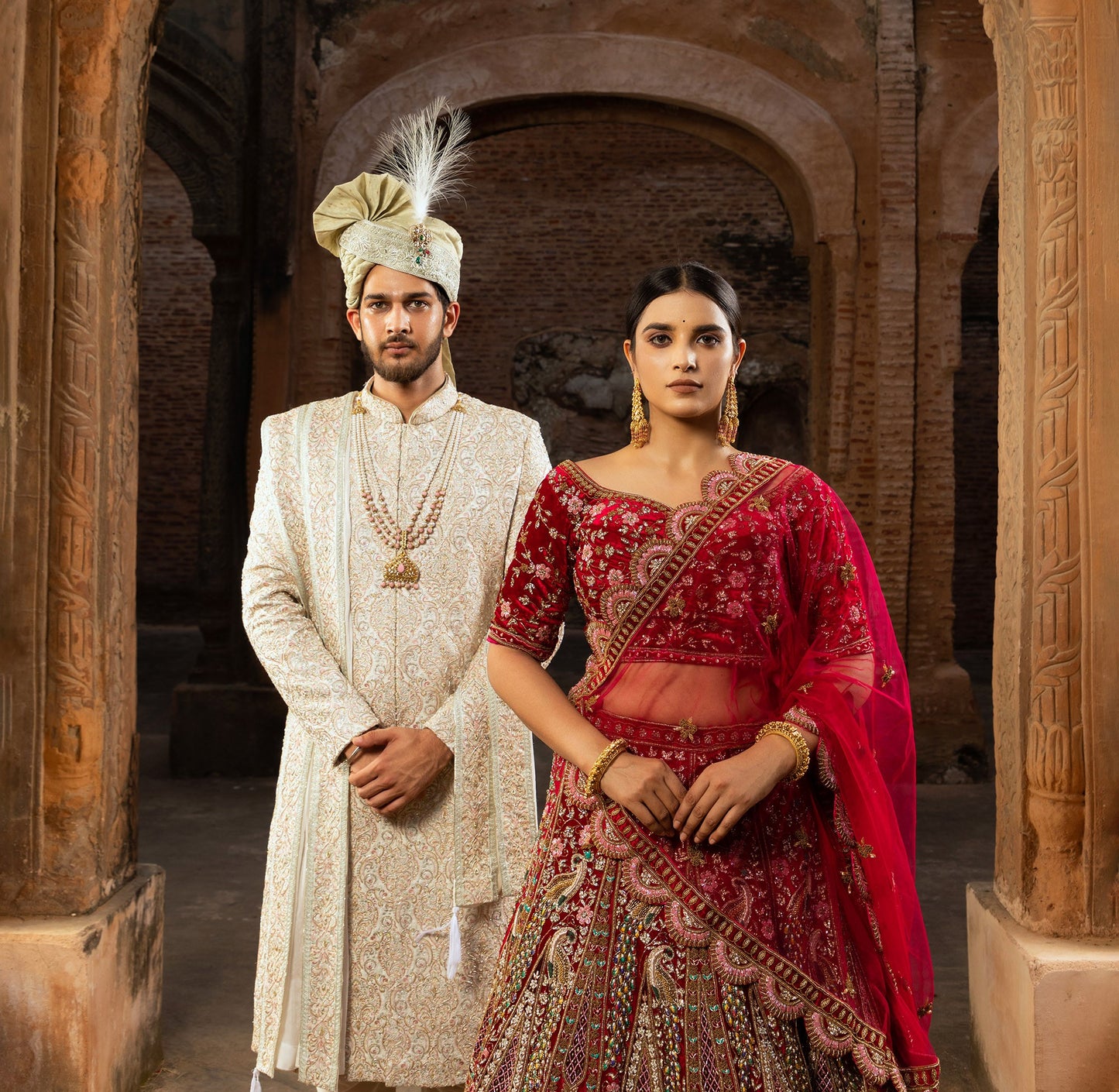 Red Multi-Color Embroidery Velvet Bridal Lehenga