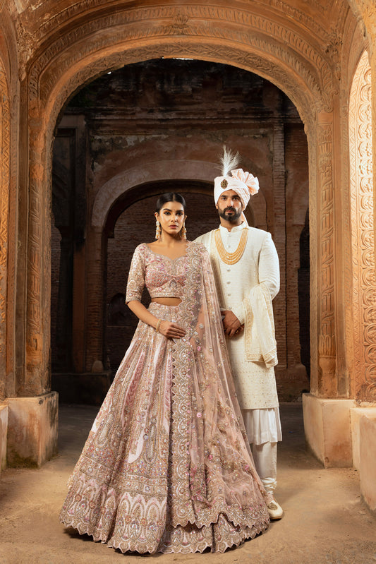 Pink Sequins Embroidery Organza Bridal Lehenga