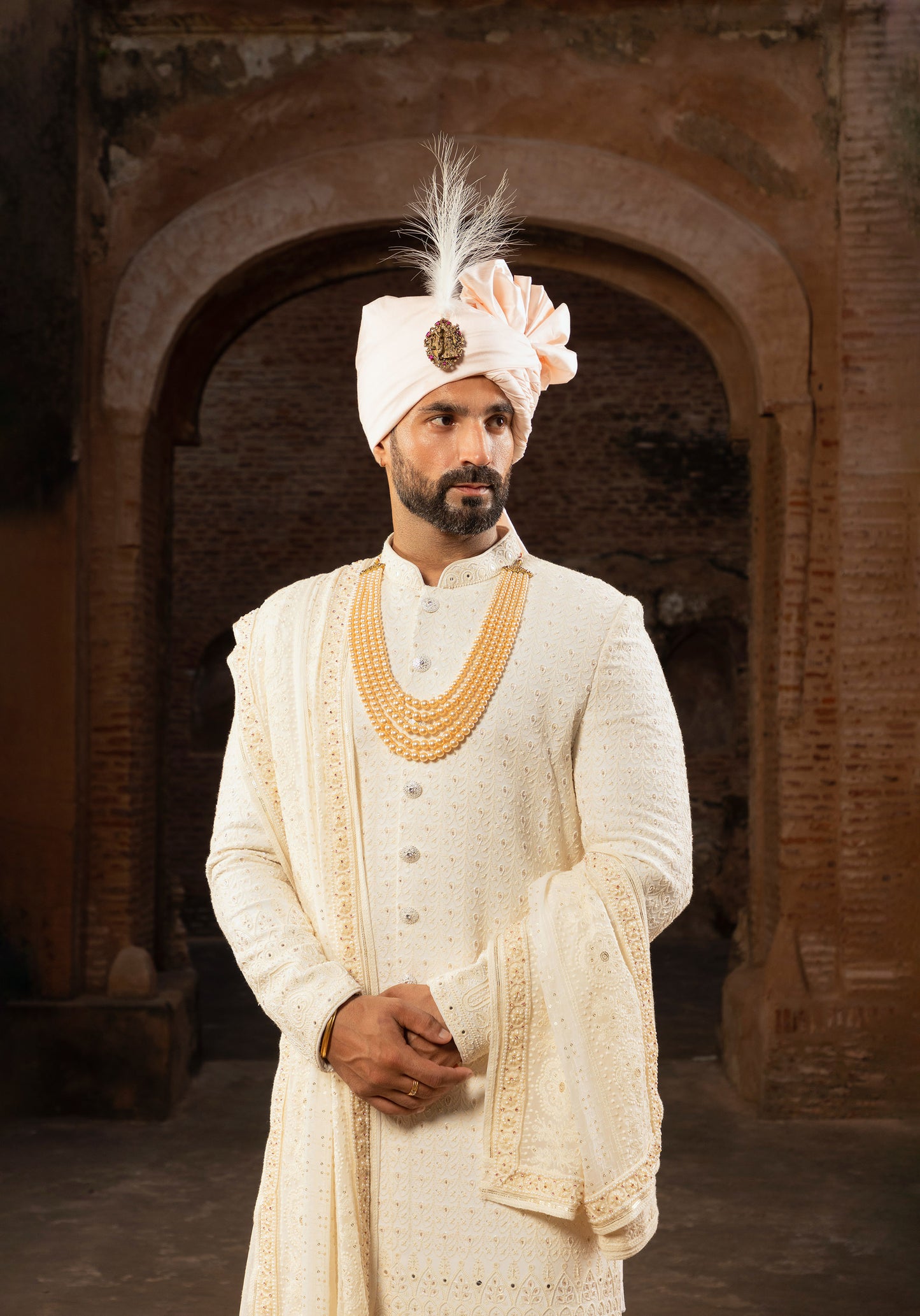 Gold Georgette Hand Embroidery Groom Sherwani for Wedding