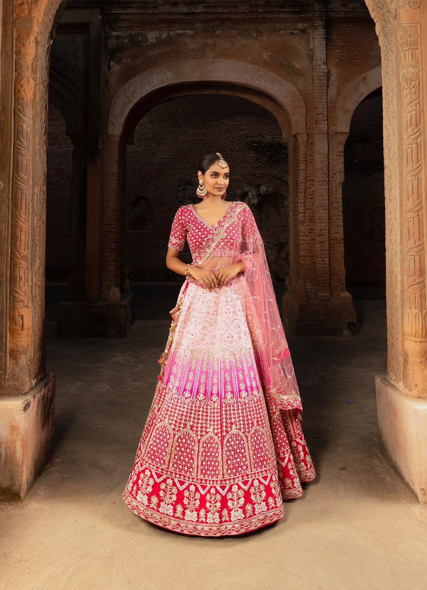 Pink Jaal Work Silk Bridal Lehenga for Wedding