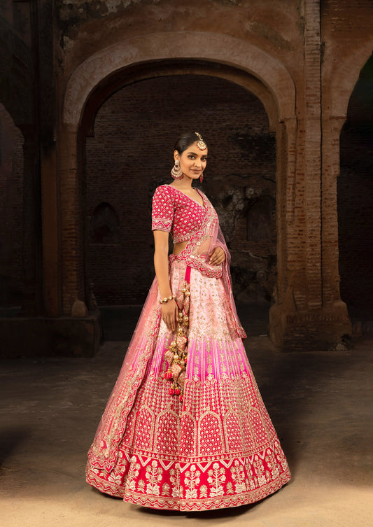 Pink Jaal Work Silk Bridal Lehenga for Wedding