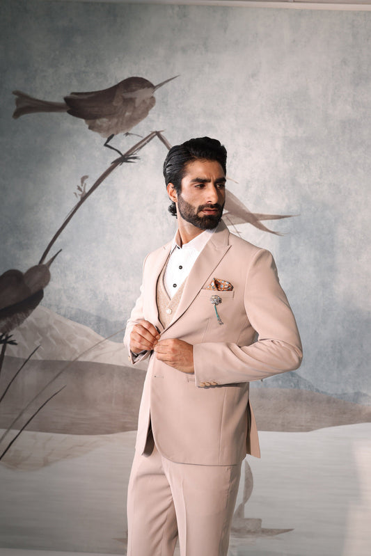 Beige Wedding Tuxedo Suit With Blazer